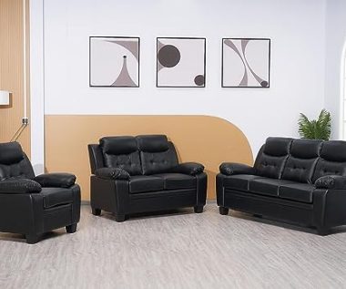 Stationary Black Bonded Leather 3+2+1 Seater Sofa Set