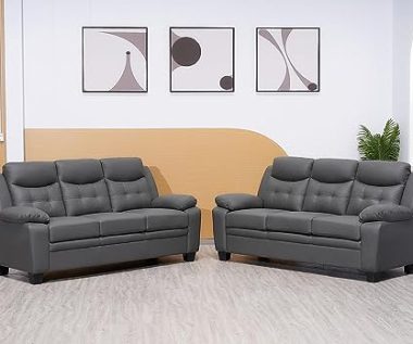 Stationary Grey Bonded Leather 3+2 Seater Sofa Set